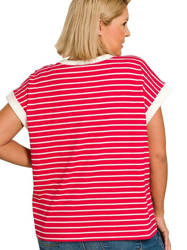 Women's Plus Contrast Trim Cap Sleeve Tee