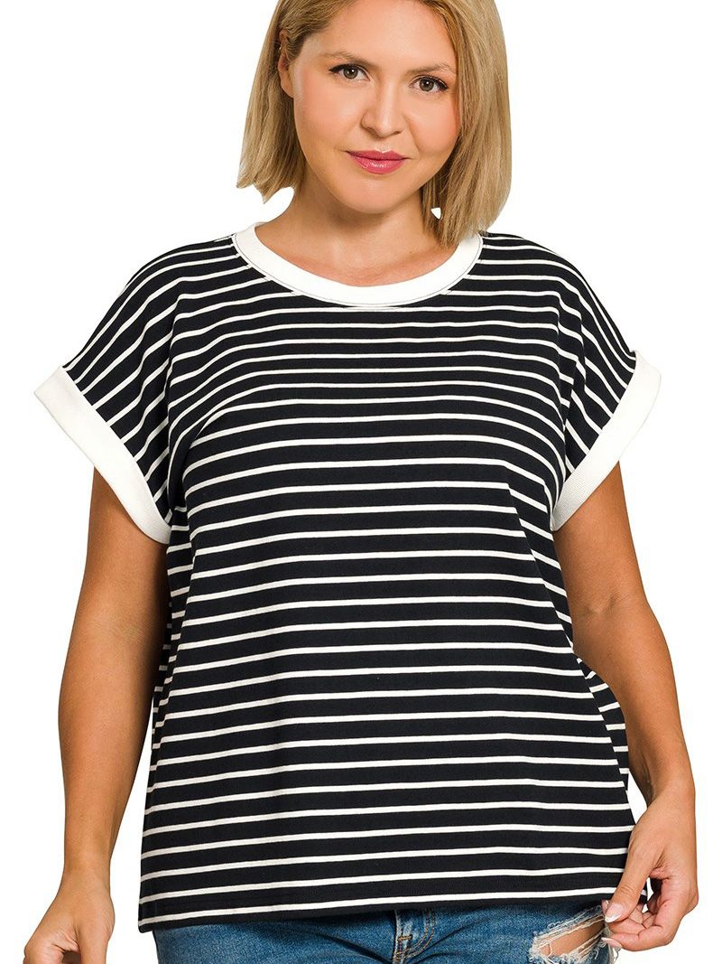 Women's Plus Contrast Trim Cap Sleeve Tee