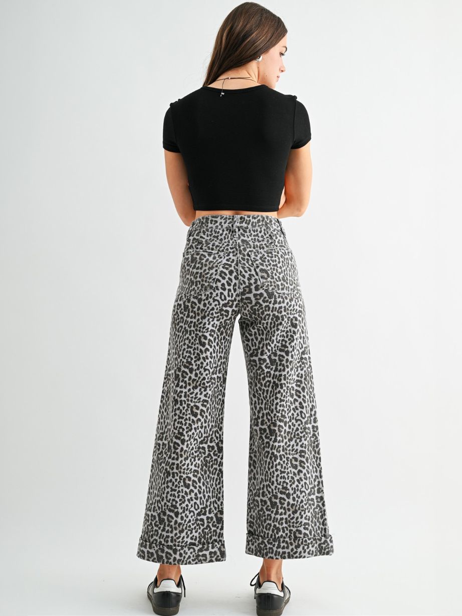 Women's High-Rise Wide Leg Cuff Leopard Jean