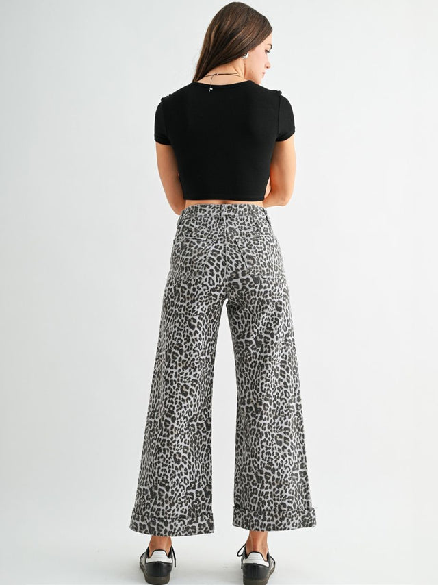 Women's High-Rise Wide Leg Cuff Leopard Jean