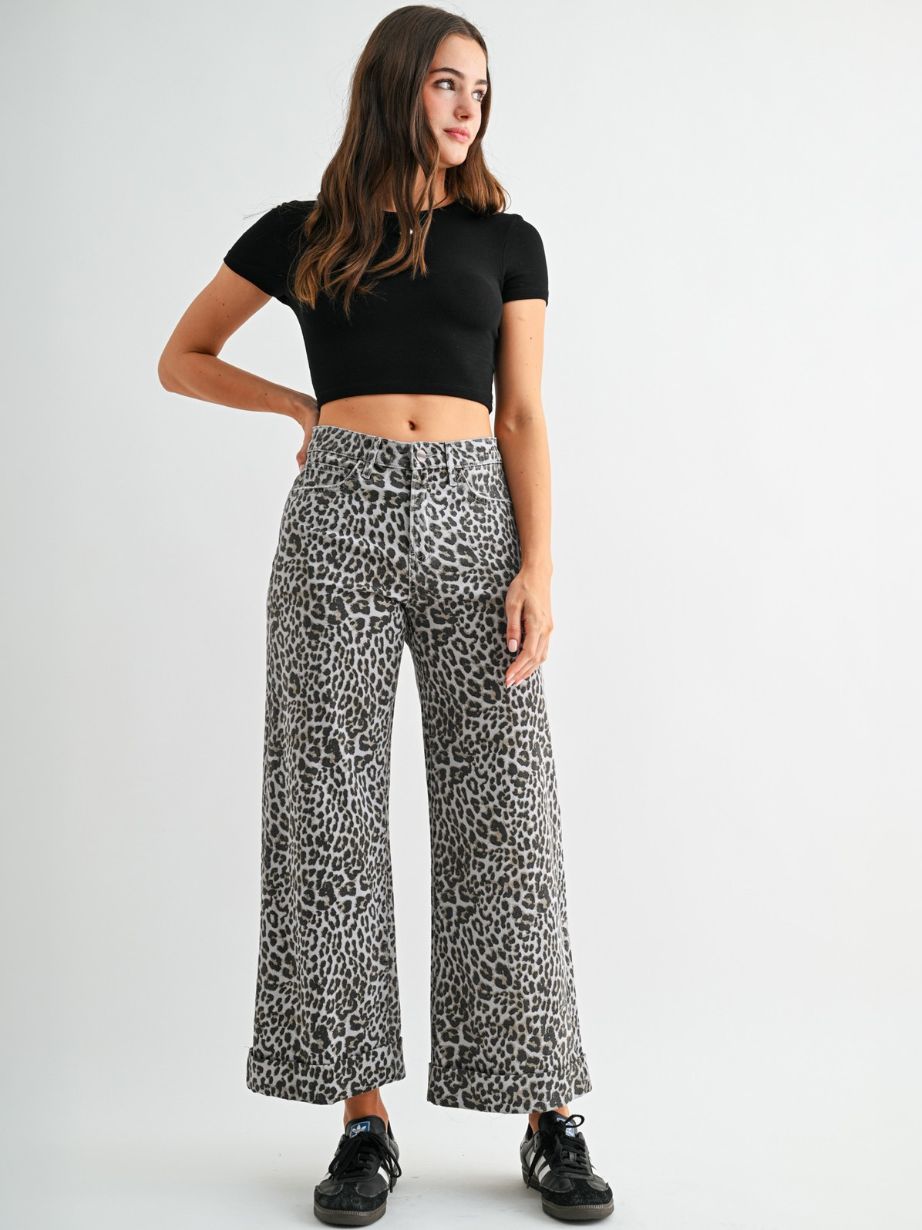 Women's High-Rise Wide Leg Cuff Leopard Jean